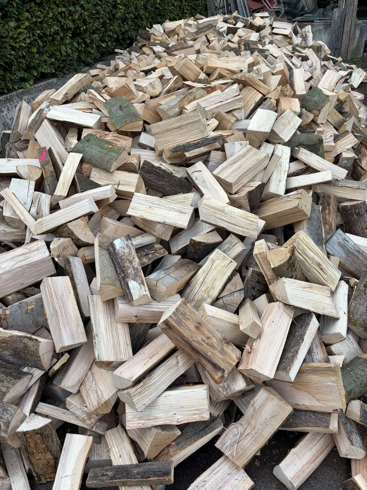 Gespaltene Scheite aus der Nähe, helles Holz mit Rinde.